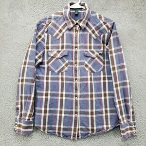 Lauren Ralph Lauren Plaid Pearl Snap Shirt Womens Large Blue Western Long Sleeve